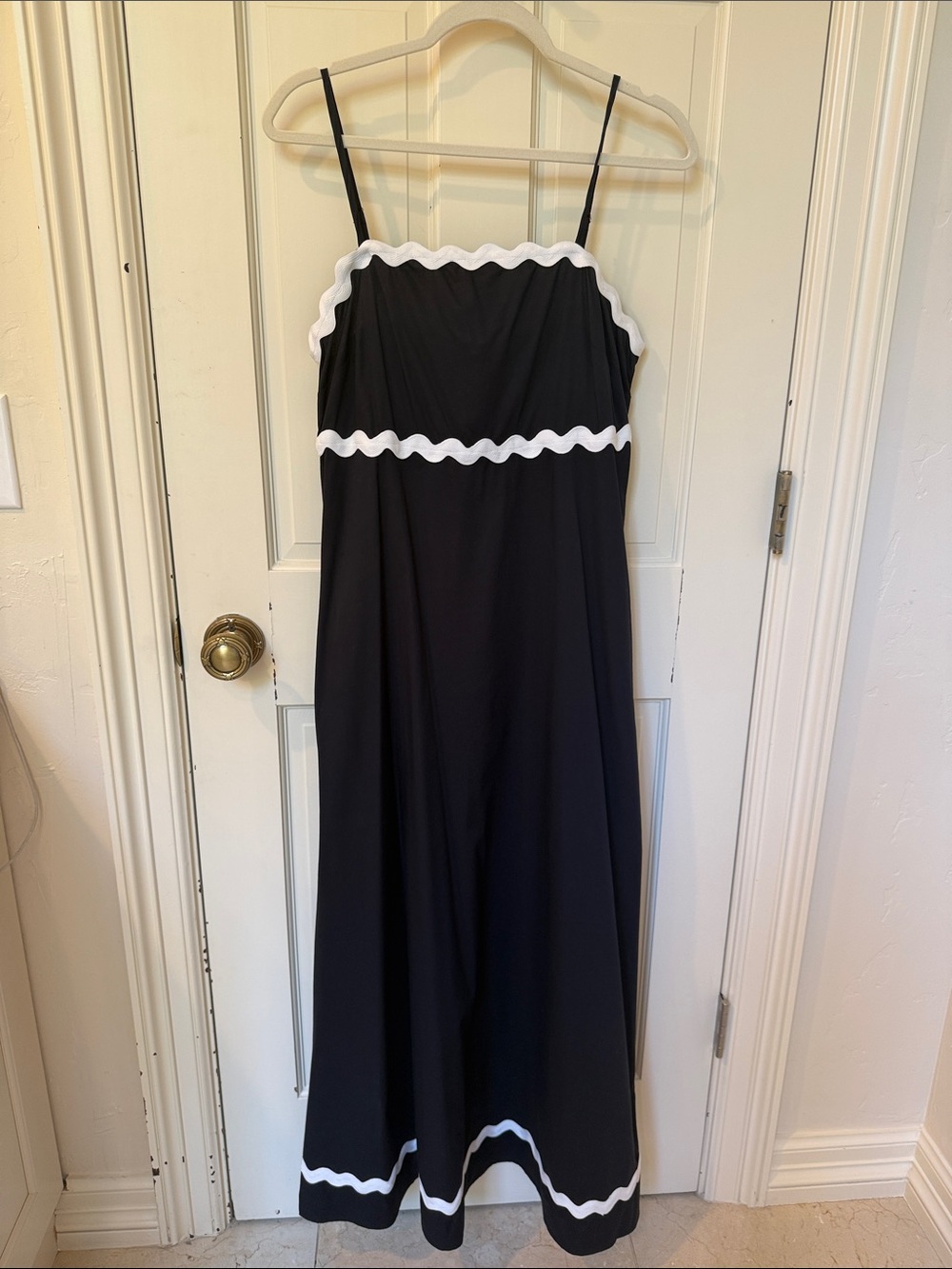Black Maxi Sundress with White Scalloped Trim.